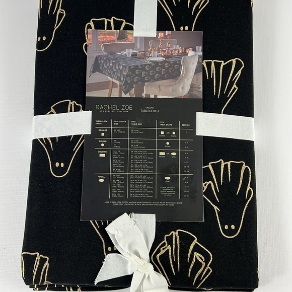 🛍️Rachel Zoe Halloween Tablecloth Oblong 60"x 84"- Black with Gold Ghost Cotton - Picture 7 of 7